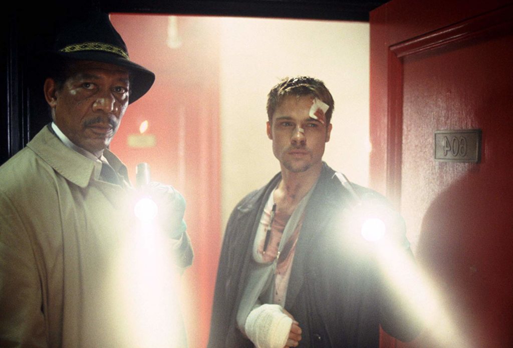 Brad Pitt and Morgan Freeman in Se7en (1995)-cinemabaaz.xyz